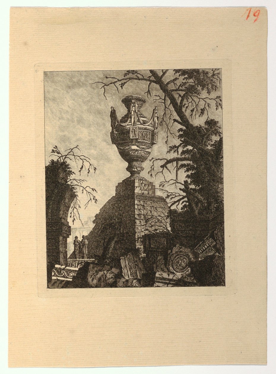 Pyramide overvundet af en monumental vase, fra "Samling af forskellige emner af vaser, grave, ruiner og springvand, nyttige for kunstnere..." af Jean Laurent Legeay