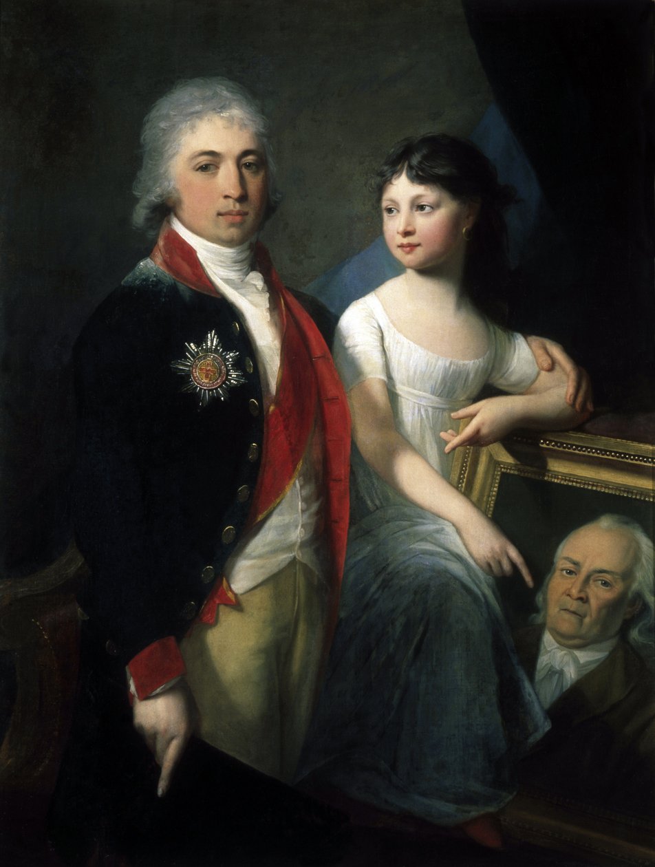 Portræt af den russiske forfatter og statsmand Ivan Matievitch Muravyov Apostol (1765-1851) med sin datter (portræt af forfatteren og statsmanden Ivan M. Muravyev-Apostol med datter) -maling af Jean Laurent Monnier (1743 eller 1746- 1808), olie På lærred af Jean Laurent Monnier