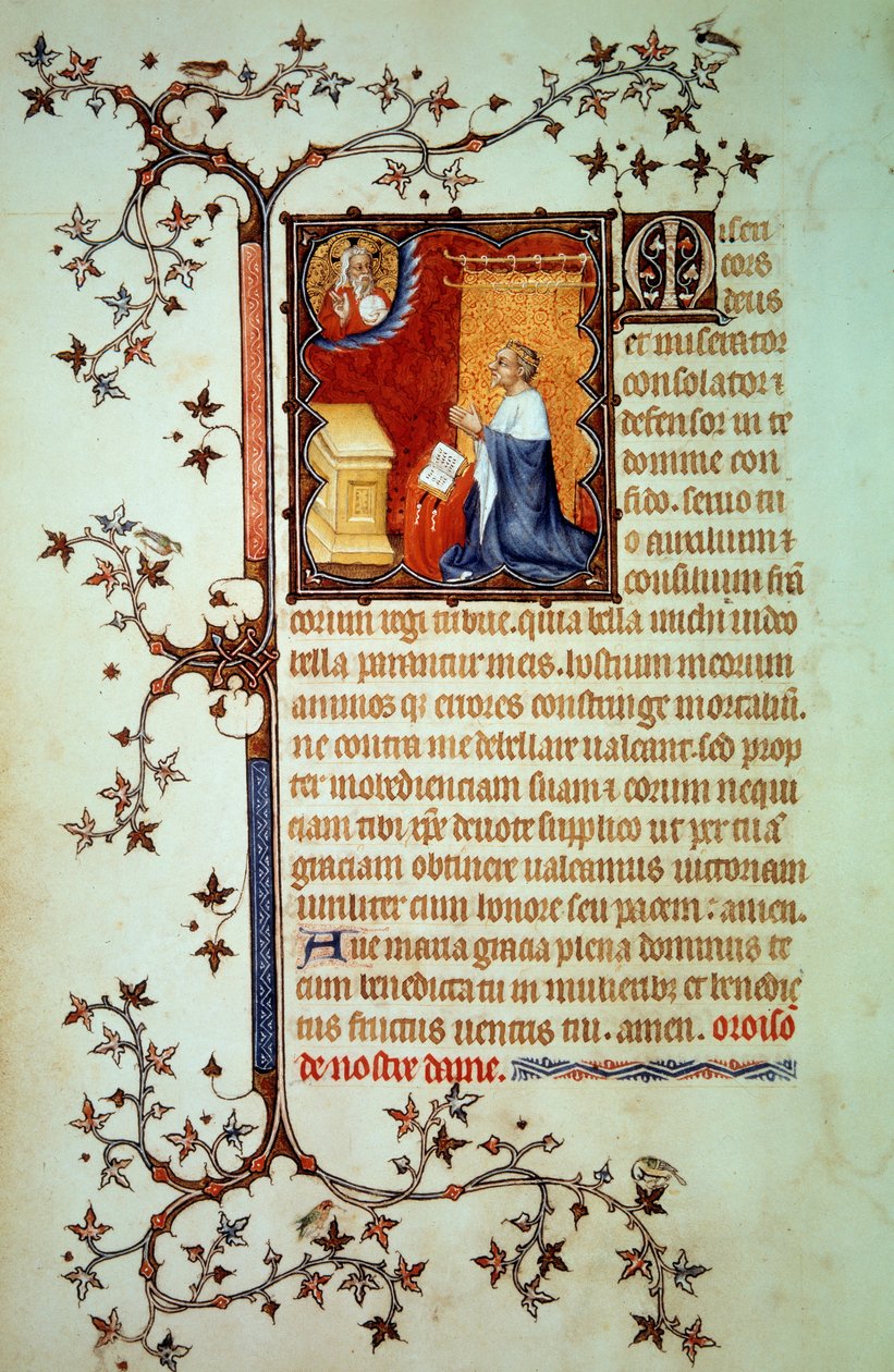 Hertug John I af Berry (1340-1416) bad foran Gud, som velsignede ham Miniature fra manuskriptet (ms. lat. 18014) "The Little Hours of John of Berry"" oplyst af John the Black, ca. 1375. Paris, B.N. af Jean Le and workshop (attr. to) Noir