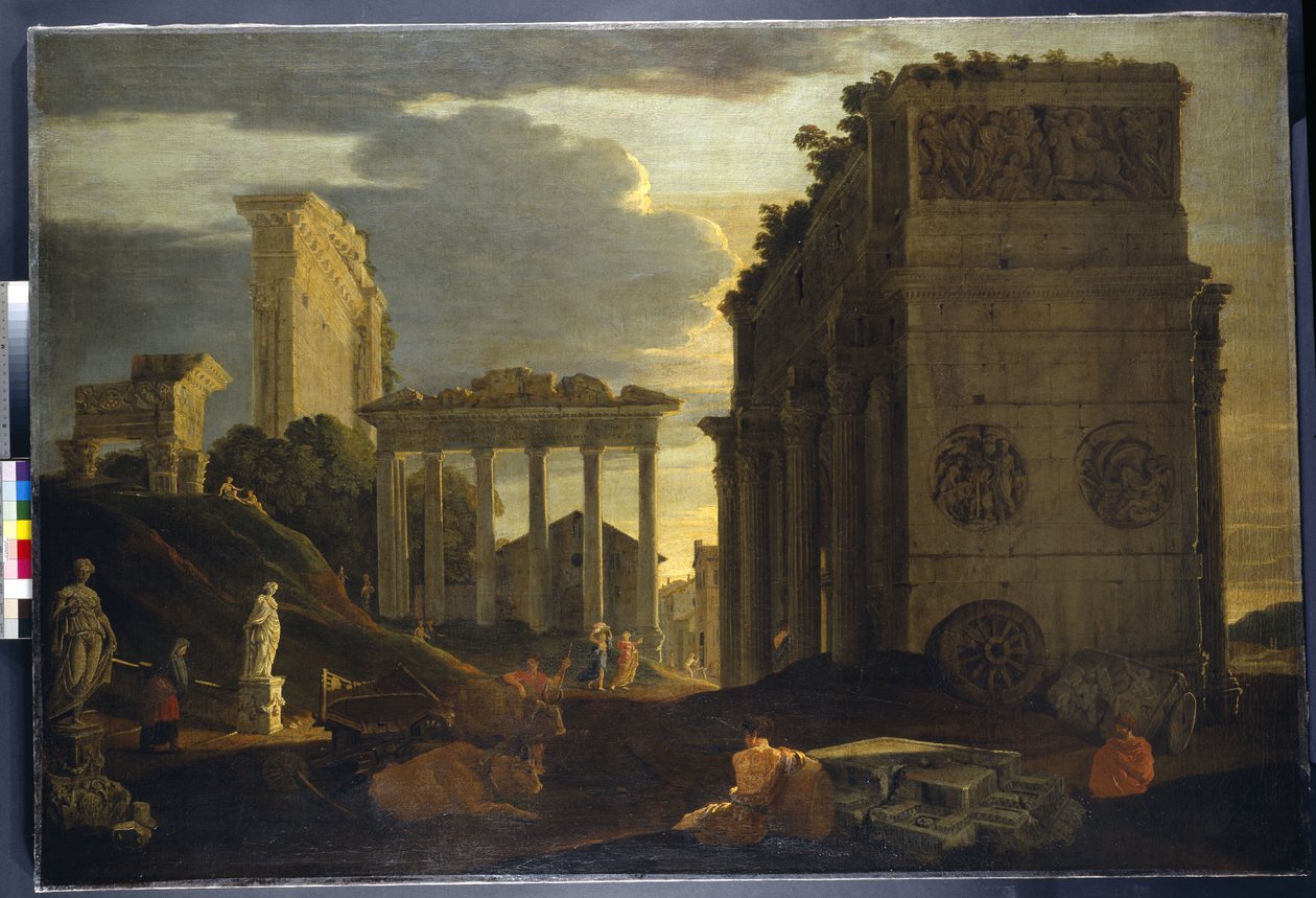 Capriccio-udsigt med figurer ved en triumfbue og templerne for Saturn og Jupiter Tonans (olie på lærred) af Jean Lemaire