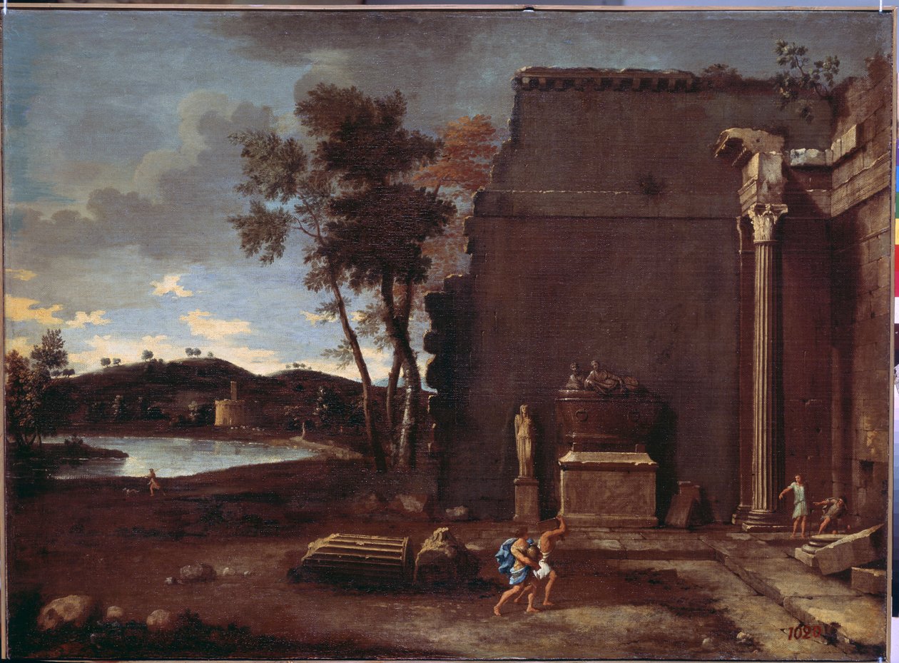 Landskab med en sarkofag. Maleri af Jean Le Maire (1597-1659). Fransk kunst, olie på lærred. Eremitagemuseet, Sankt Petersborg af Jean Lemaire