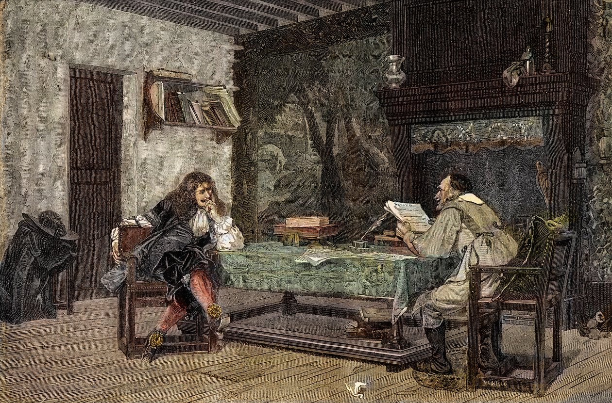 Samarbejde mellem Jean Baptiste Moliere og Pierre Corneille Fransk dramatis - "" Forfatterne Jean-Baptiste (Jean Baptiste) Poquelin dit Moliere (1622-1673) og Pierre Corneille (1606-1684)"" gravering efter maleriet af Jean-Leon (Jean) Leon) Gerome af Jean Leon (after) Gerome