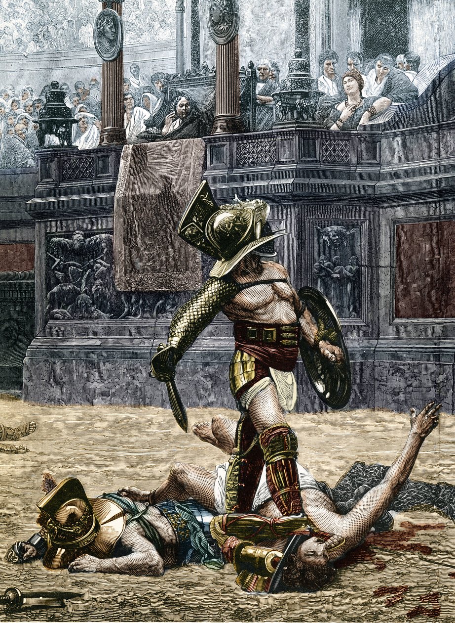 Gladiatorer i den romerske arena. Tilskuere advarer vinderen om ikke at skåne sin modstander, han slog, og dræbe ham. Gravering efter en detalje af maleriet af Jean Leon (Jean-Leon) Gerome (1824-1904) af Jean Leon (after) Gerome