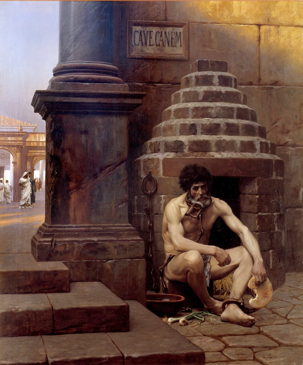 Cave canem Krigsfange i Rom, lænke som en hund på hjørnet af en gade "" Pas på hunden""". Maleri af Jean Leon Gerome (1824-1904) 1800-tallet søn. 1,06x0,9 m Vesoul, musee Georges Garret - Cave Canem; En krigsfange i romaer, lænket som en af Jean Leon Gerome