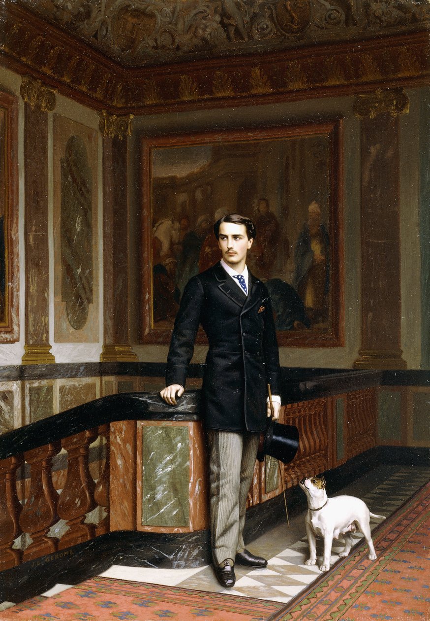 Fortælling om La Rouchefoucauld Duc de Doudeauville med sin Terrier, ca. 1870