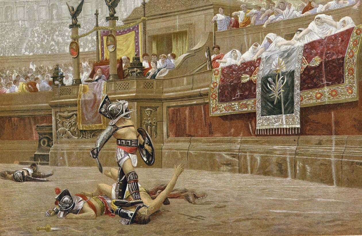 Gladiatorer i den romerske arena: Tilskuerne vender tommelfingeren nedad for at signalere til sejrherren, at han ikke skal skåne sin modstander. Kromolitografi efter maleri af JL Gerome. af Jean Leon Gerome