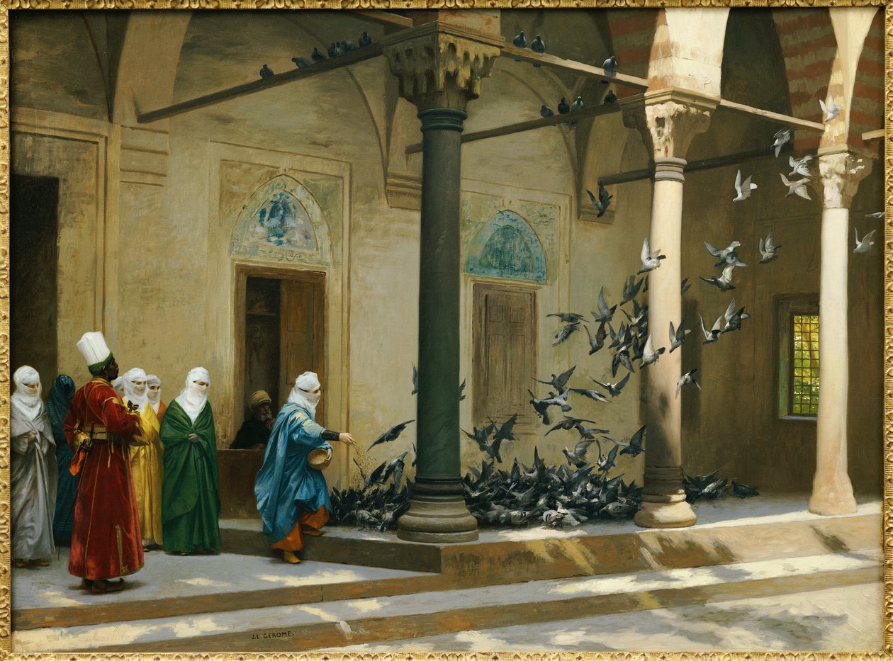 Harem Kvinder fodrer duer i en gårdhave af Jean Leon Gerome