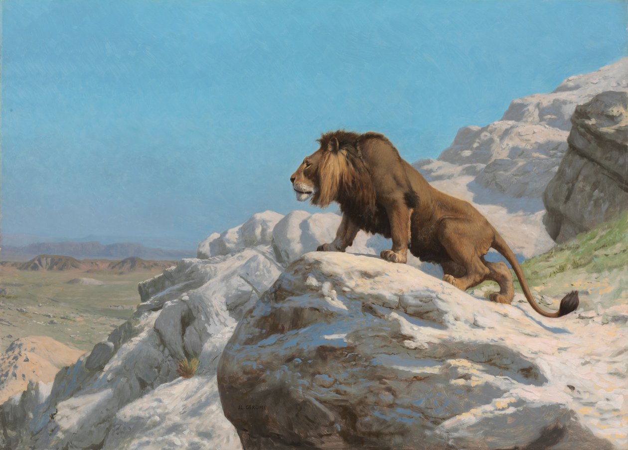 Løve på vagt, ca. 1885 (olie på træpanel) af Jean Leon Gerome