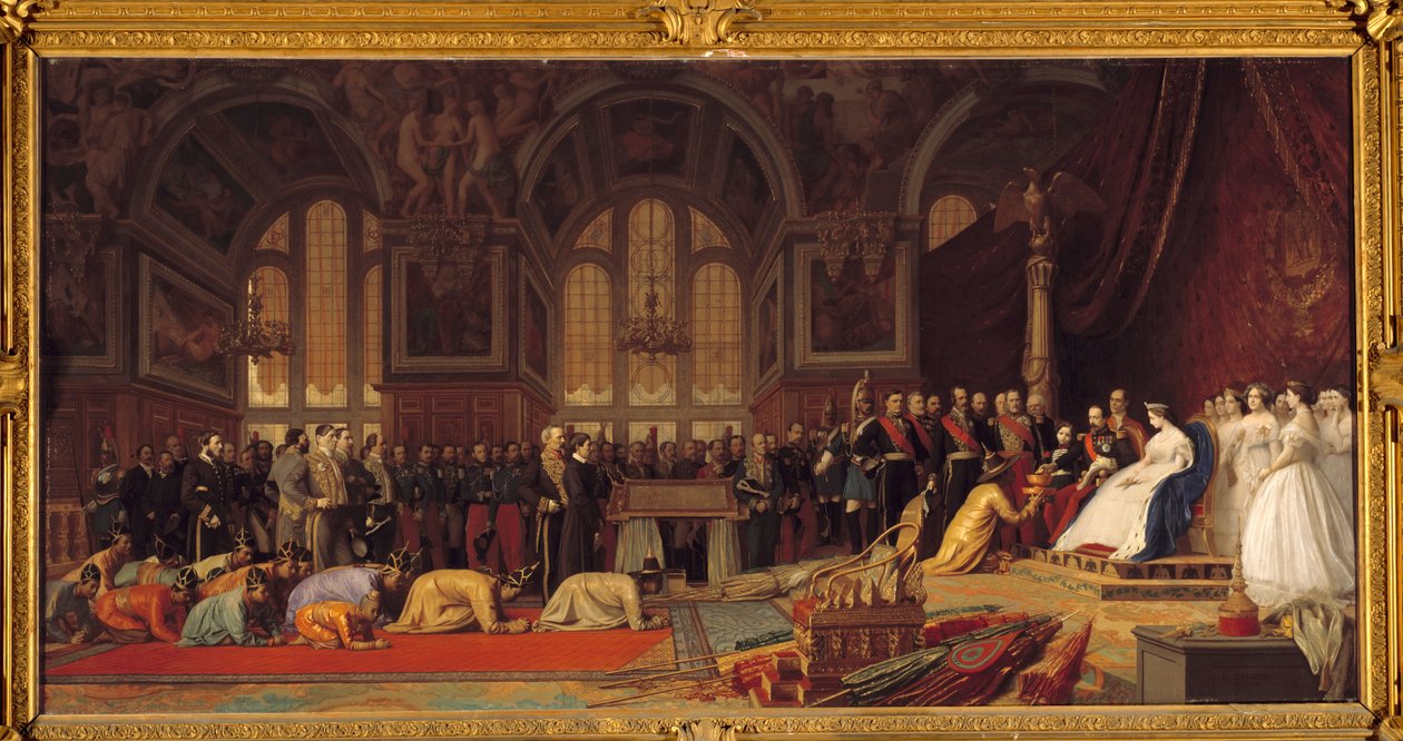 Modtagelse af Siam-ambassadører af Napoleon III og Impress Eugenie: I den store balsal Henri II af Chateau de Fontainebleau 27/06/1861, Maleri af Jean Leon (Jean-Leon) Gerome (1824-1904) af Jean Leon Gerome