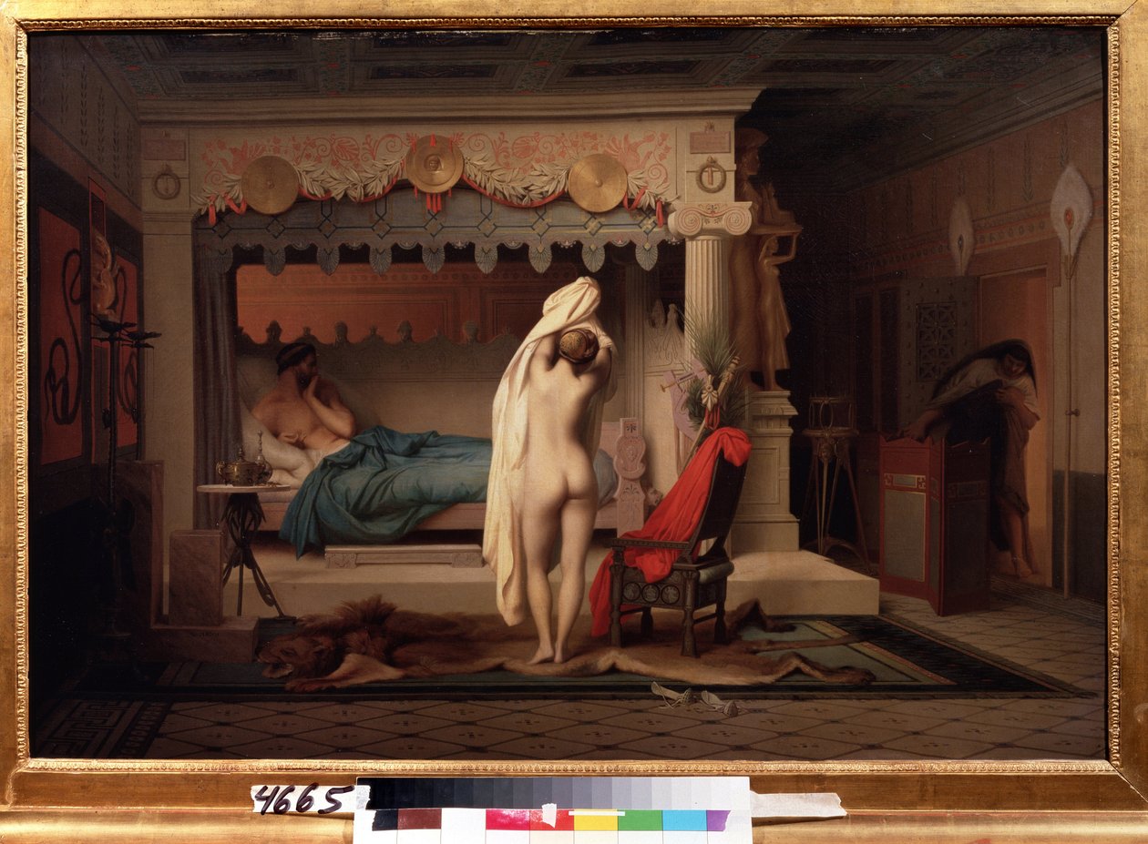 ""Repræsentation af kongen af ​​Lydie Candaules (eller Caudale)"" Kongen viser sin nøgne kone til sin fortrolige Gyges, gemt i skyggerne, mens hun klæder sig af i soveværelset. Maleri af Jean Leon Gerome (1824-1904) Efter 1859 Pushkin Museum, Mo af Jean Leon Gerome