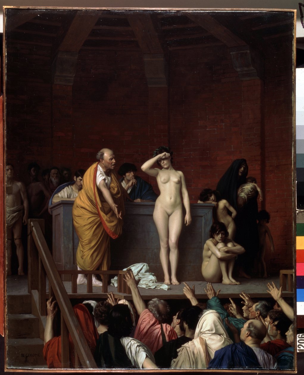 Det antikke Rom: ""Slavemarkedet i Rom"" (Slavemarkedet i Rom) En nøgen slave på en platform sælges foran et publikum af købere, der løfter armene for at give en pris. Maleri af Jean Leon Gerome (1824-1904) 1884 Dim. 92x74 cm Museum of E af Jean Leon Gerome