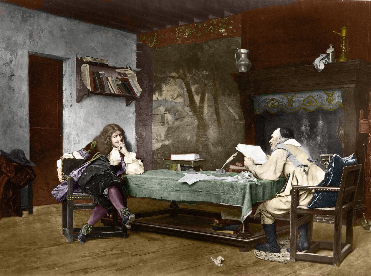 Forfatterne Jean-Baptiste (Jean Baptiste) Poquelin dit Moliere (1622-1673) og Pierre Corneille (1606-1684). 1800-tallet (litografi efter maleriet af Jean-Leon (Jean Leon) Gerome) af Jean Leon Gerome