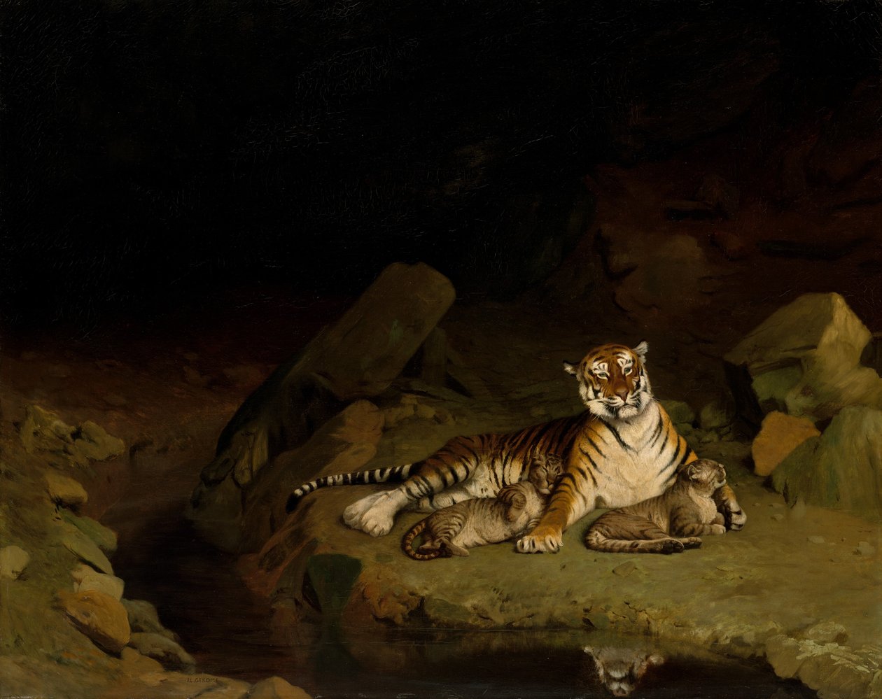 Tiger og unger, ca. 1884. af Jean Leon Gerome