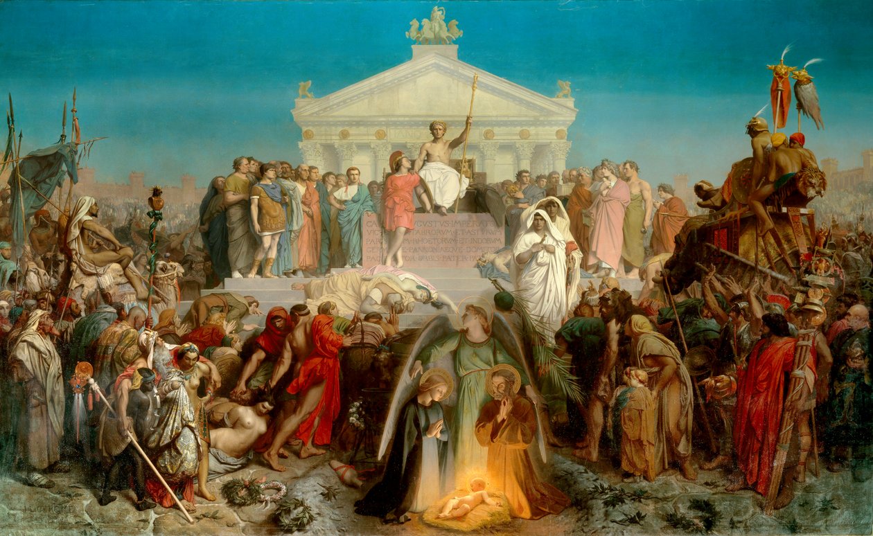 århundrede af august: Vor Herre Jesu Kristi fødsel. Augustus triumf (Octavian eller Octavian, 63 BC-14 AD. JC), romersk kejser. Illustration af værket "Histoire universelle 9eme epoque" af Jacques Benigne Bossuet (1627-1704). Maleri af Jean Leon Gerome af Jean Leon Gerome
