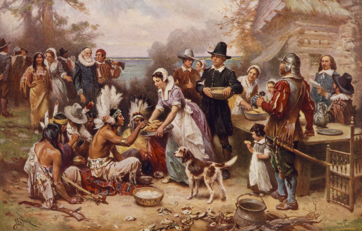 Den første Thanksgiving 1621, ca. 1932 (fotomekanisk tryk) af Jean Leon Gerome Ferris