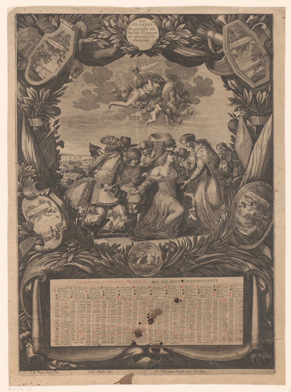 Kalender for 1659: Allegori om Flanderns underkastelse til Ludvig XIV Kalender før 1659: Allegori om Flanderns overgivelse til Ludvig XIV Almanach, pour l