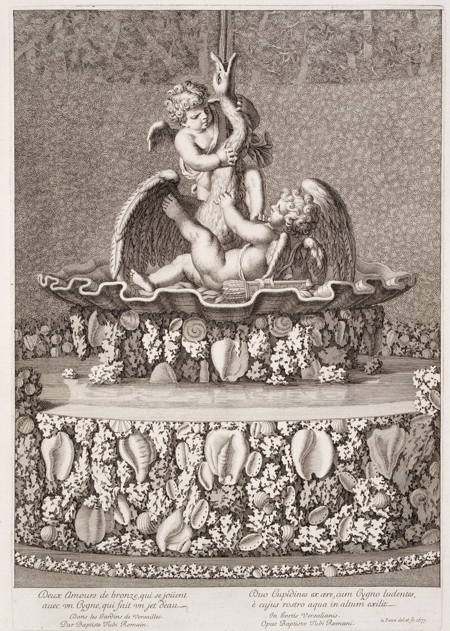 Springvand med to amoriner og en svane, designet af Jean-Baptiste Tuby, i Versailles, 1677 af Jean Lepautre