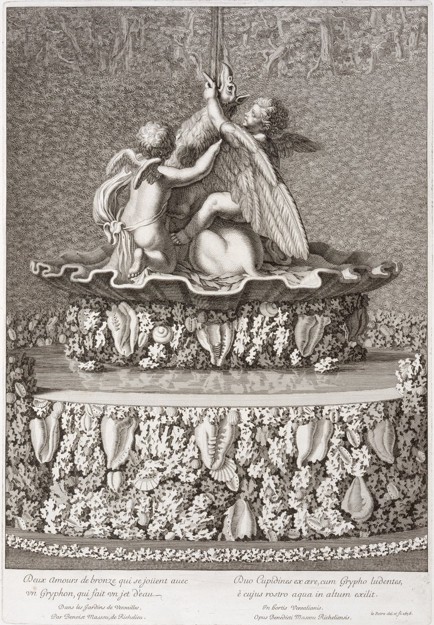 Springvand med to amoriner, der leger med en gryphon, af Benoit Massou, i Versailles, 1676 af Jean Lepautre