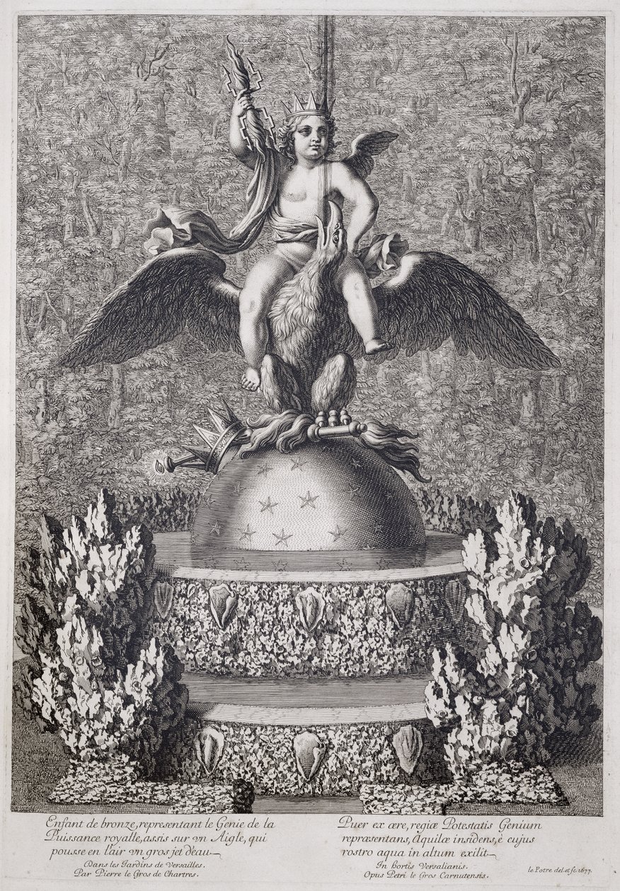 Springvand med et barn, der repræsenterer den kongelige magts geni af Pierre le Gros, i Versailles, 1677 af Jean Lepautre