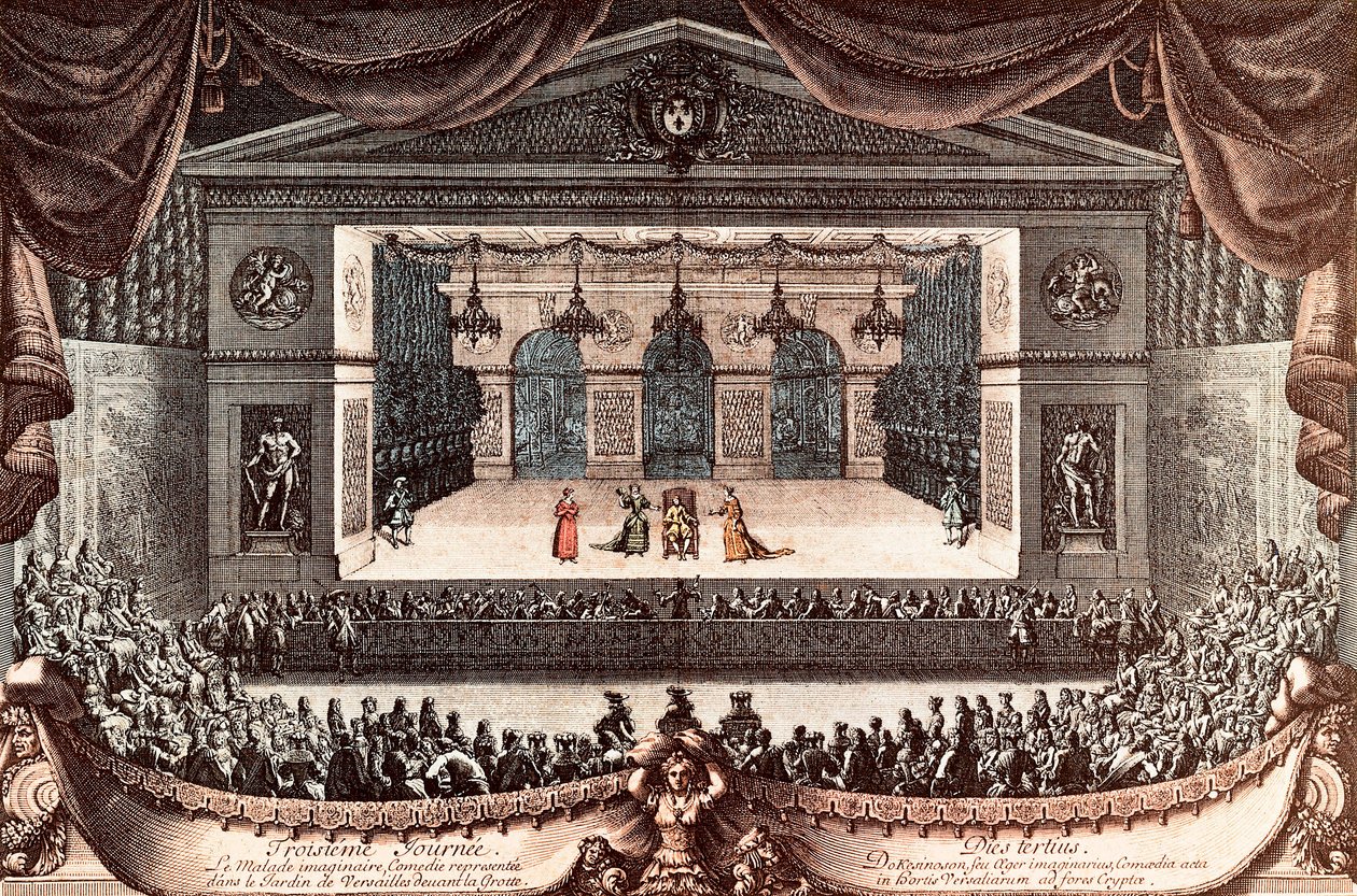 "Le malade imaginaire" (Den imaginære invalid) af Jean Baptiste Poquelin dit Moliere i Versailles (farvet gravering) af Jean Lepautre