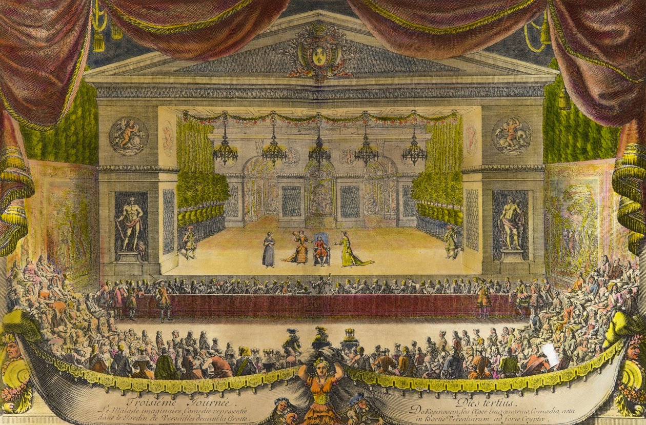 Repræsentation af de imaginære syge i Versailles Repræsentationen af skuespillet af Jean Baptiste Poquelin dit Moliere (1622-1673) foran grotten Thetis (Thetys) i Versailles haver i nærværelse af kong Ludvig XIV, sted i centrum af Jean Lepautre