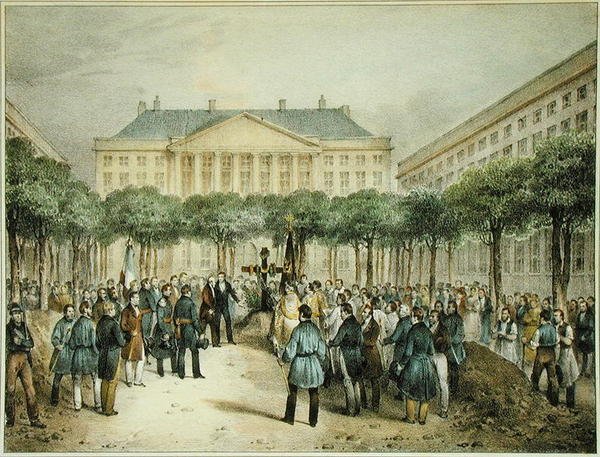 Begravelse af revolutionære på Place des Martyres de la Liberte, Bruxelles, 2. oktober 1830, indgraveret af A.M. Jobard (fl.1820-20) (farve litho) af Jean Louis (after) Van Hemelryck