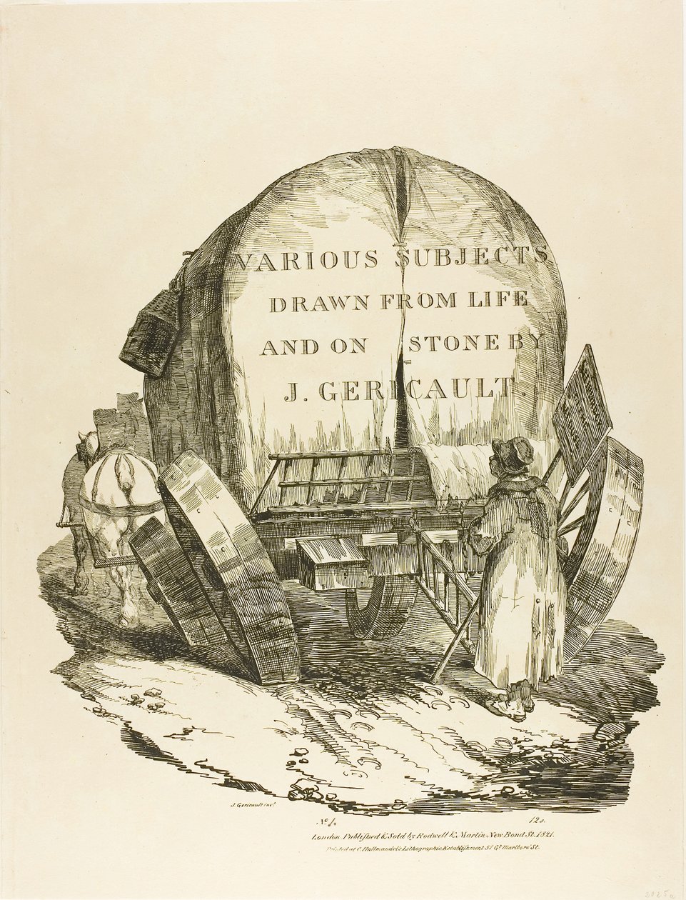 A Horse-Drawn Wagon, titelblad til forskellige motiver tegnet fra virkeligheden og på sten (The English Suite) af Jean Louis André Théodore Géricault