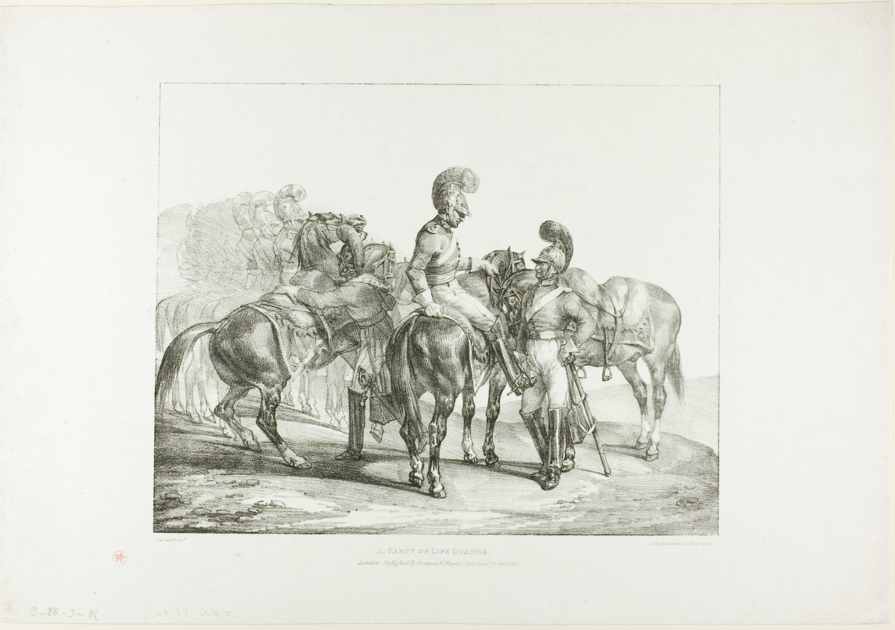 A Party of Life Guards, plade 5 fra Forskellige motiver tegnet fra livet på sten af Jean Louis André Théodore Géricault