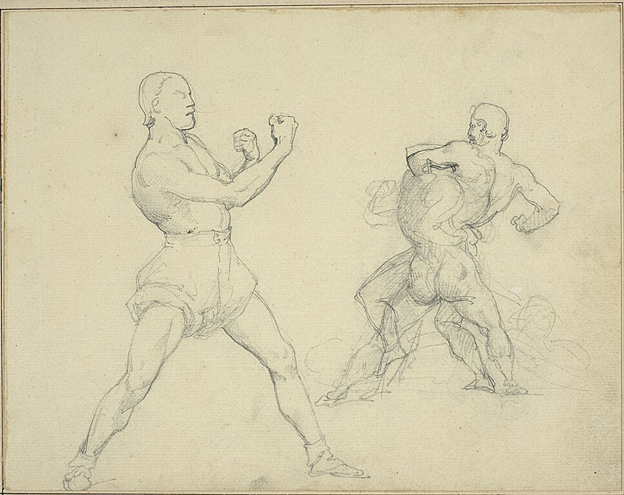 Bokser mod højre og to mænd i brydning af Jean Louis André Théodore Géricault