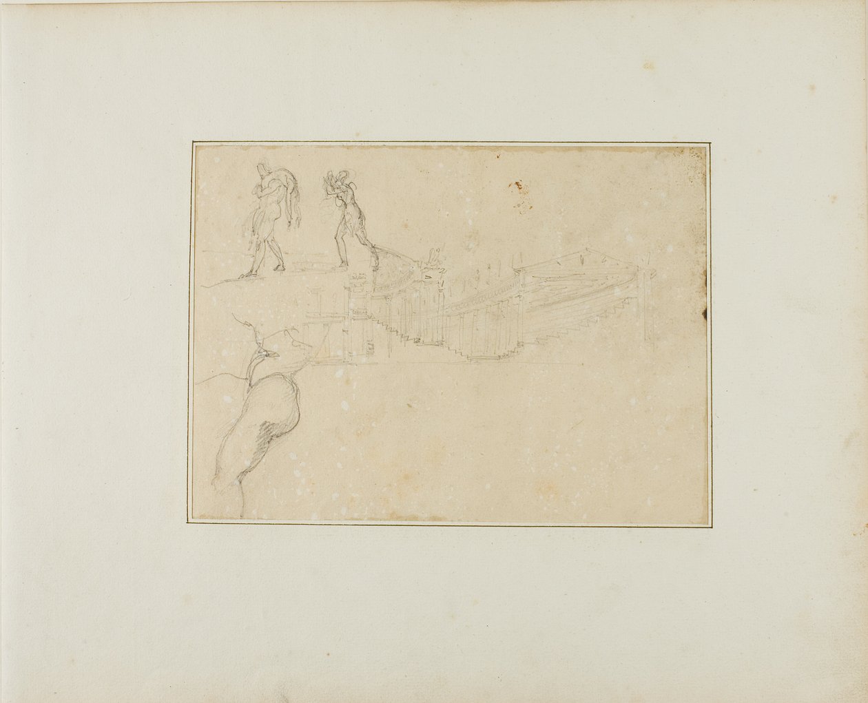 Tværsnit af en søjlehal og tre figurskitser af Jean Louis André Théodore Géricault