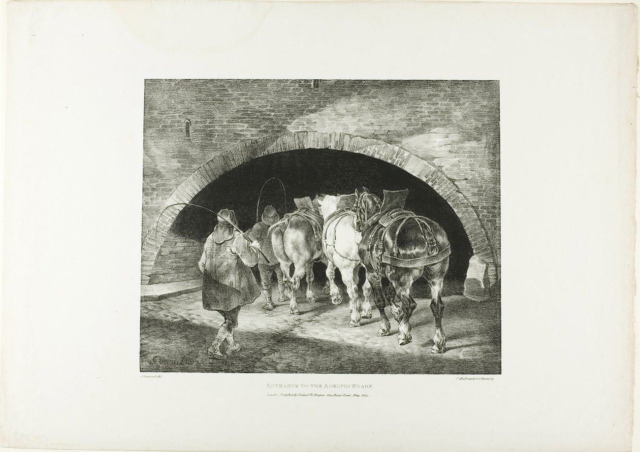 Indgang til Adelphi Wharf, plade 11 fra Various Subjects Drawn from Life on Stone af Jean Louis André Théodore Géricault