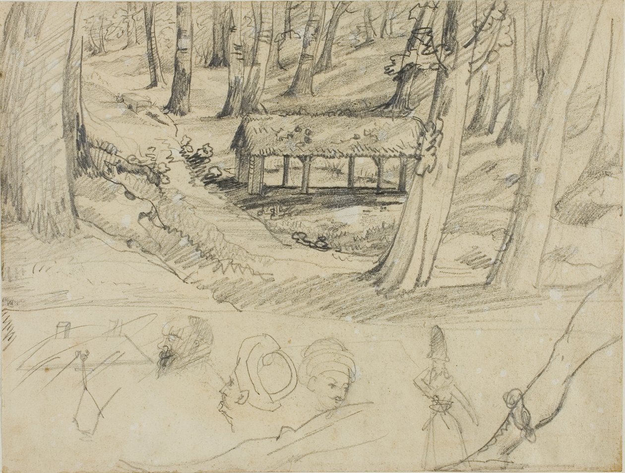 Skovinteriør med stråtækt hytte og andre skitser af Jean Louis André Théodore Géricault