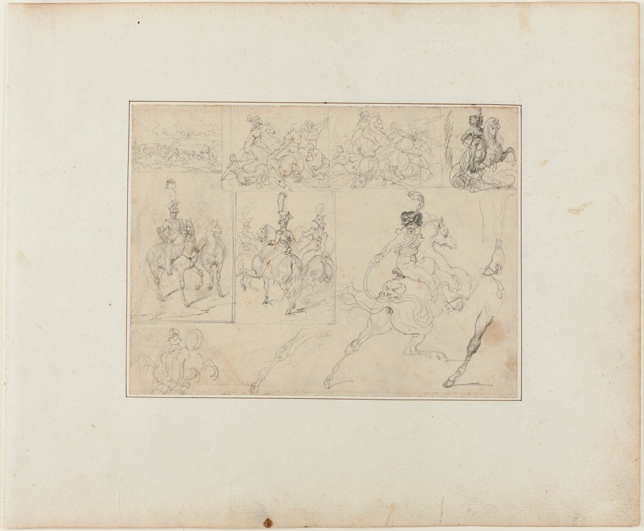 Ark med skitser: Kavalerislag og soldater til hest af Jean Louis André Théodore Géricault
