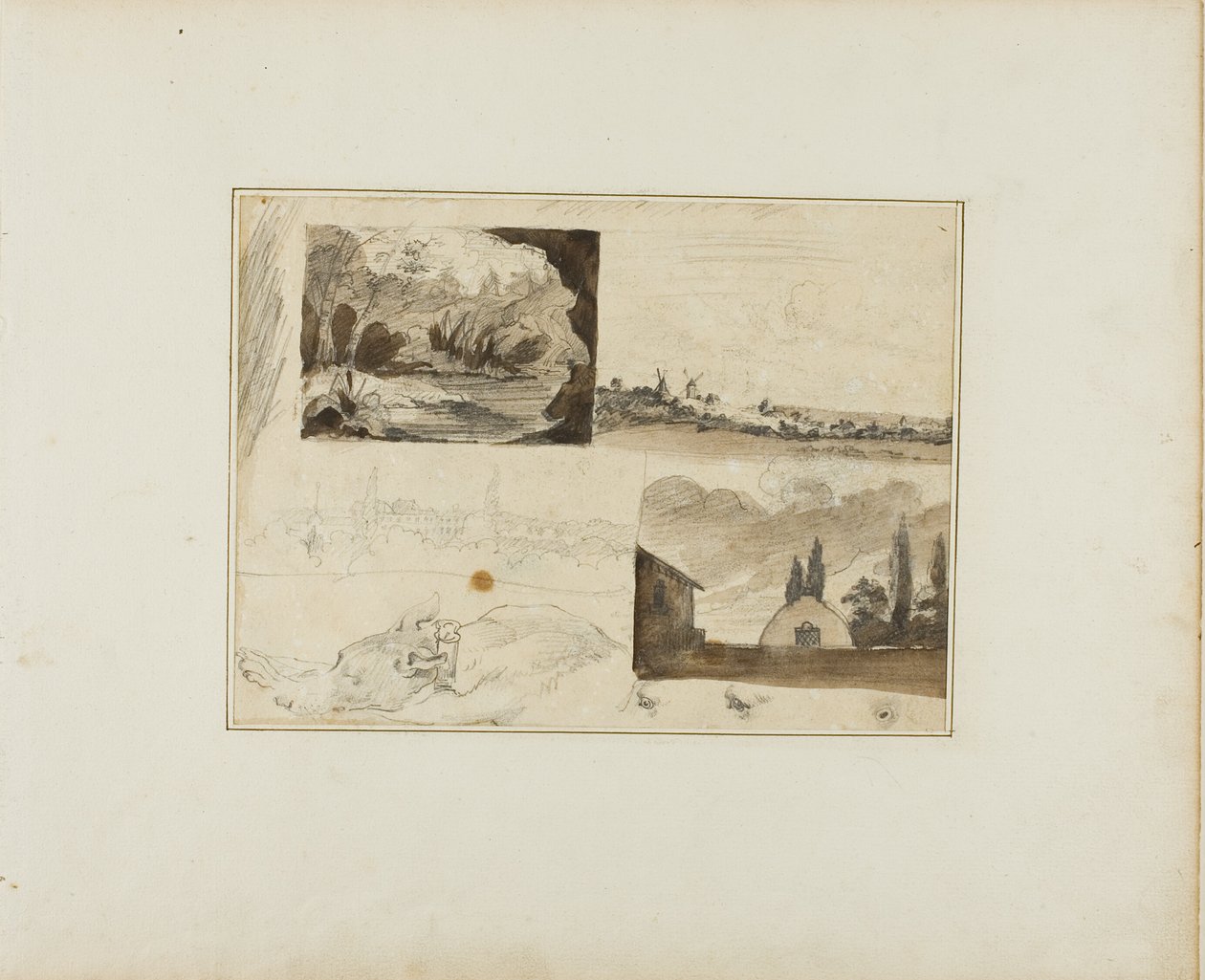 Ark med skitser: Fire landskaber og en greyhound af Jean Louis André Théodore Géricault