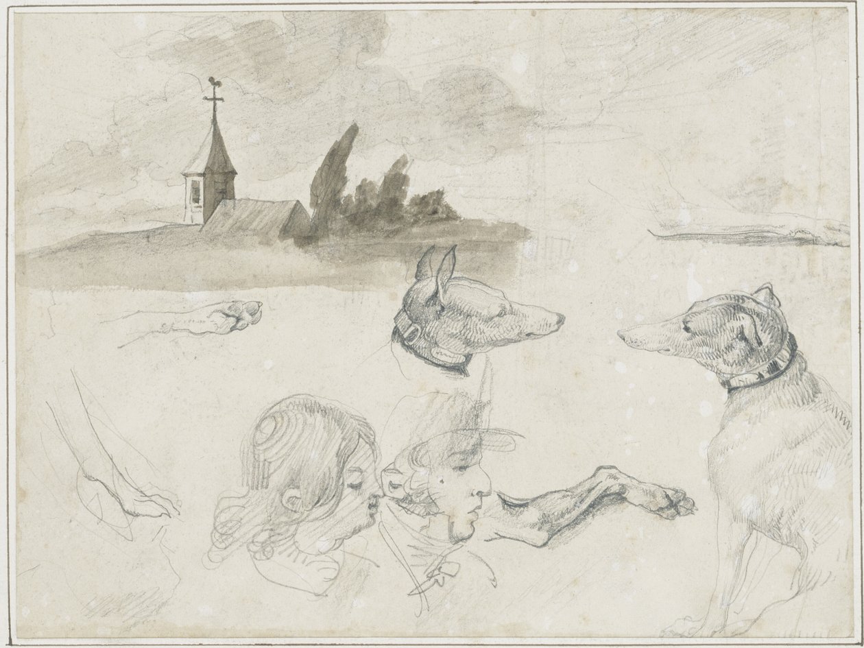 Ark med skitser: Greyhounds; et mandligt og et kvindeligt hoved i af Jean Louis André Théodore Géricault