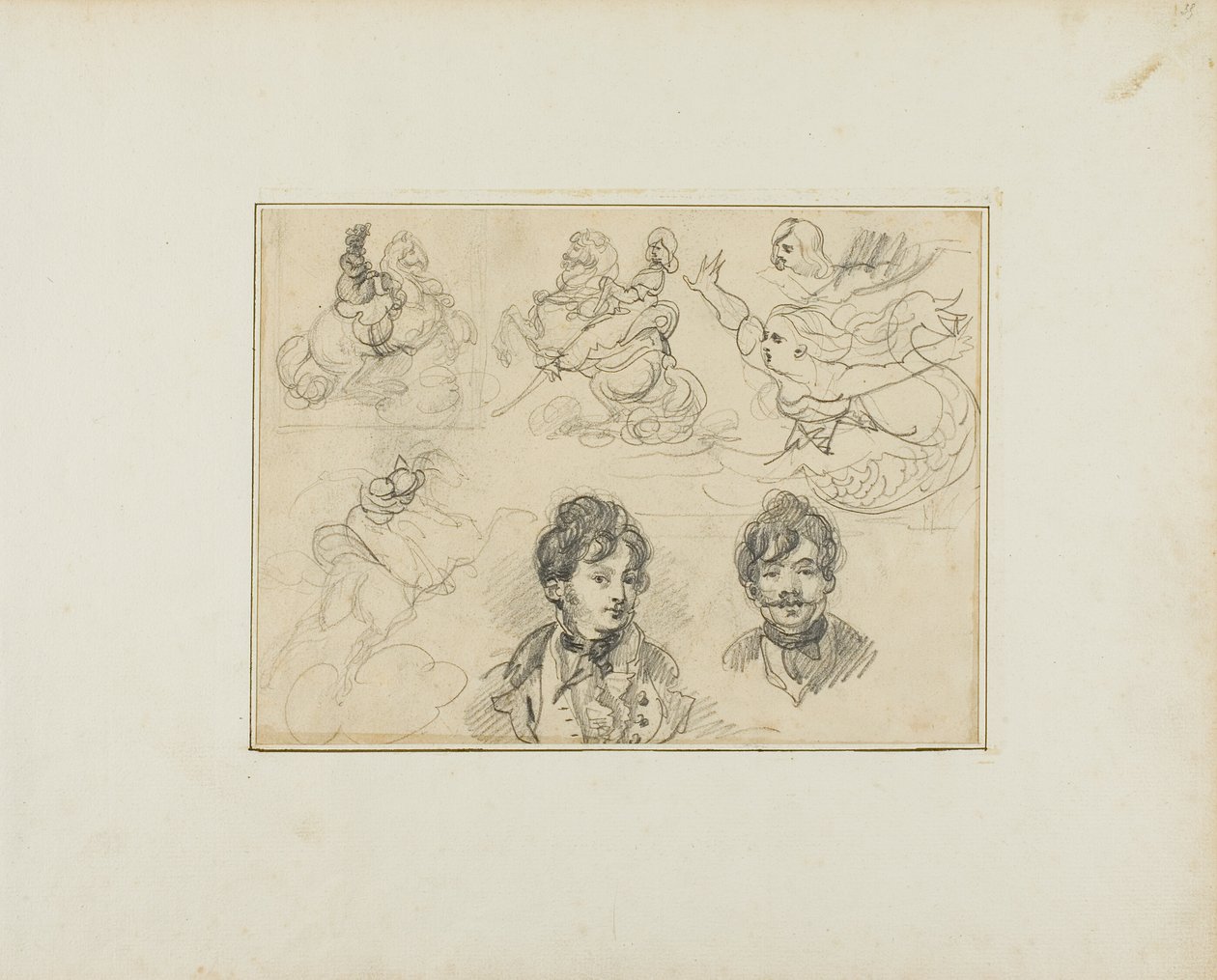 Ark med skitser: Ryttere, havfruer og to portrætter af unge mænd af Jean Louis André Théodore Géricault