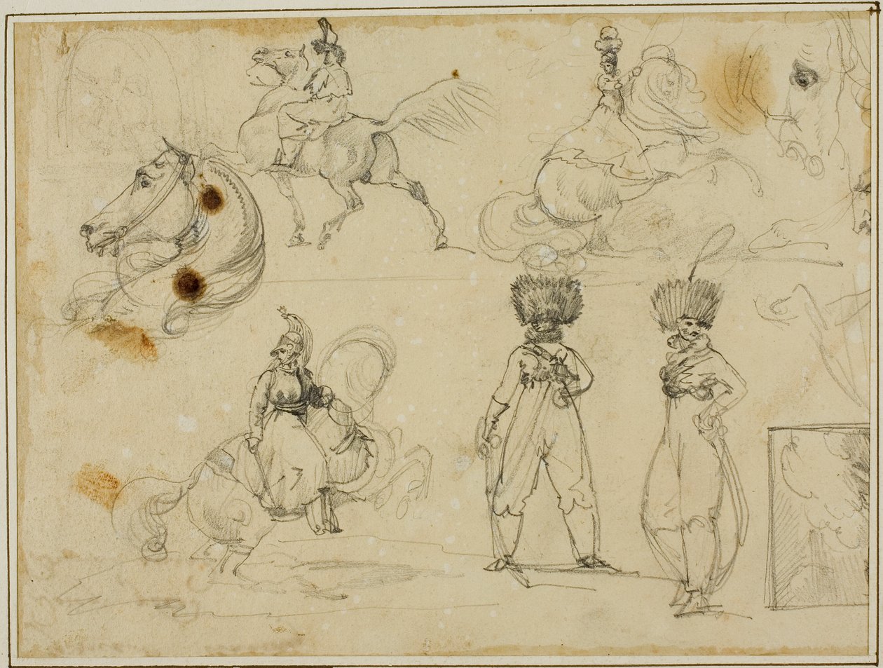 Ark med skitser: Soldater, heste og et landskab af Jean Louis André Théodore Géricault