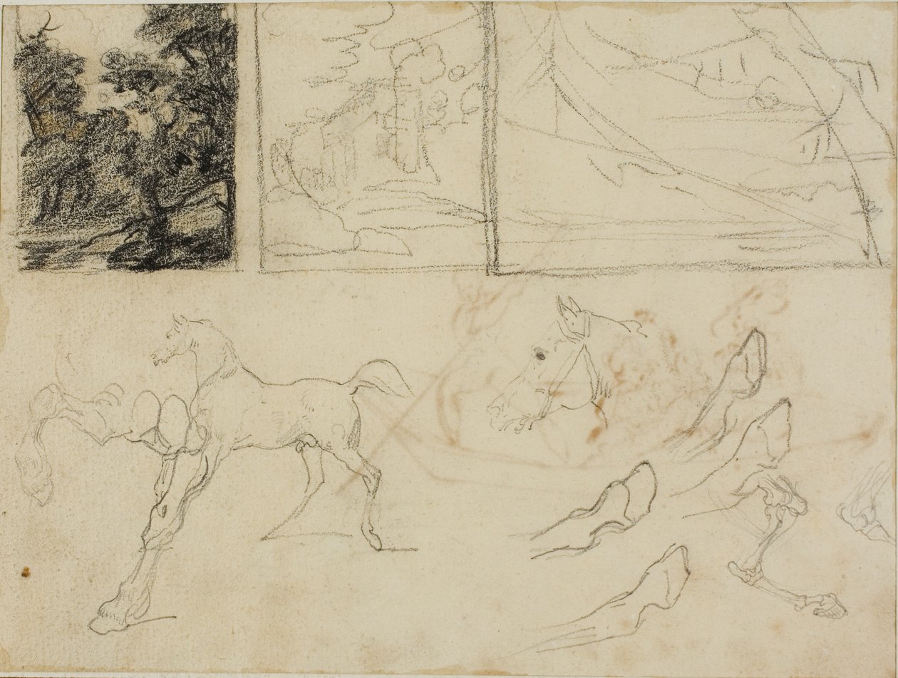 Ark med skitser: tre landskaber, heste og hove af Jean Louis André Théodore Géricault
