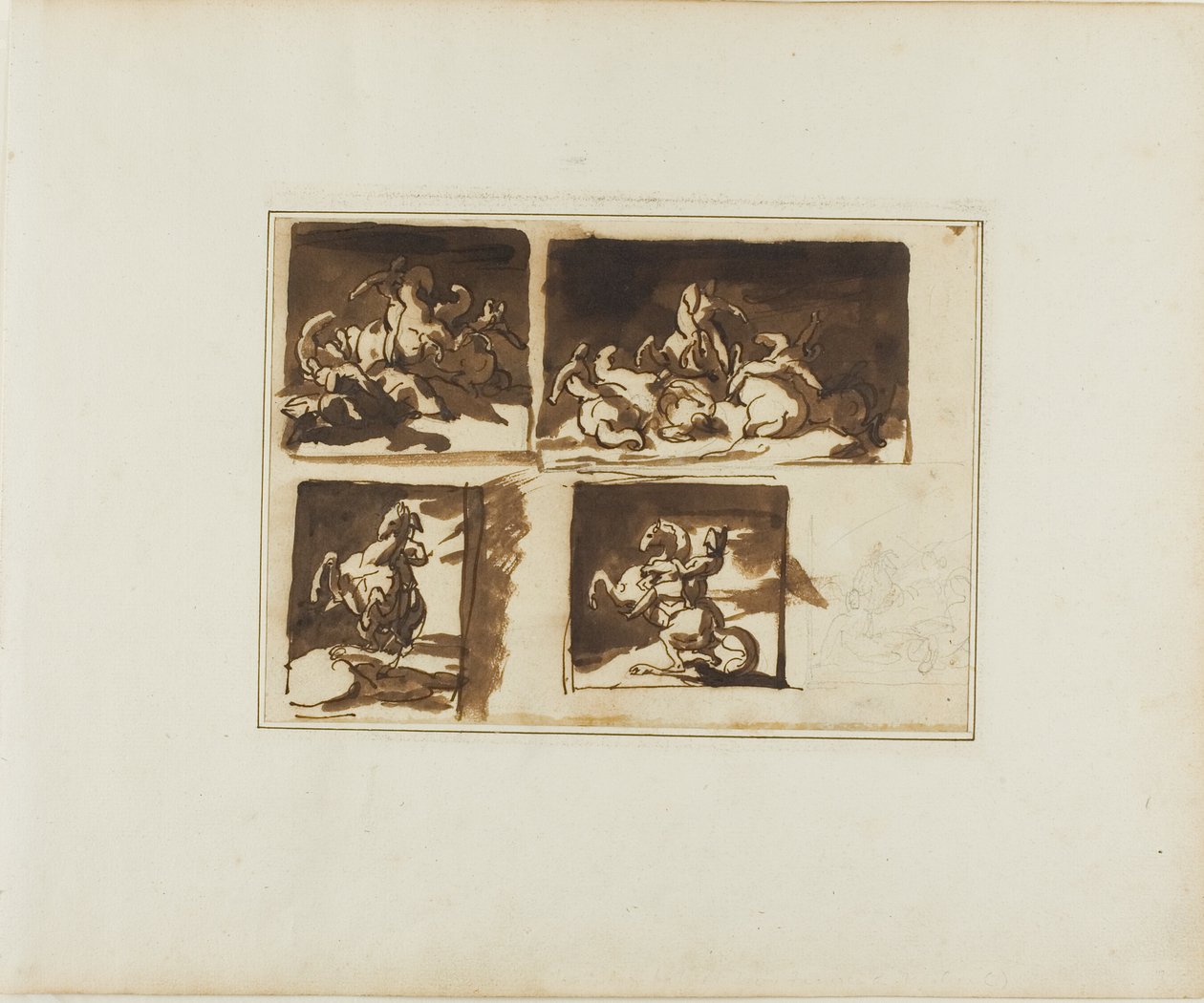 Skitser til et kavalerislag og en officer til hest af Jean Louis André Théodore Géricault