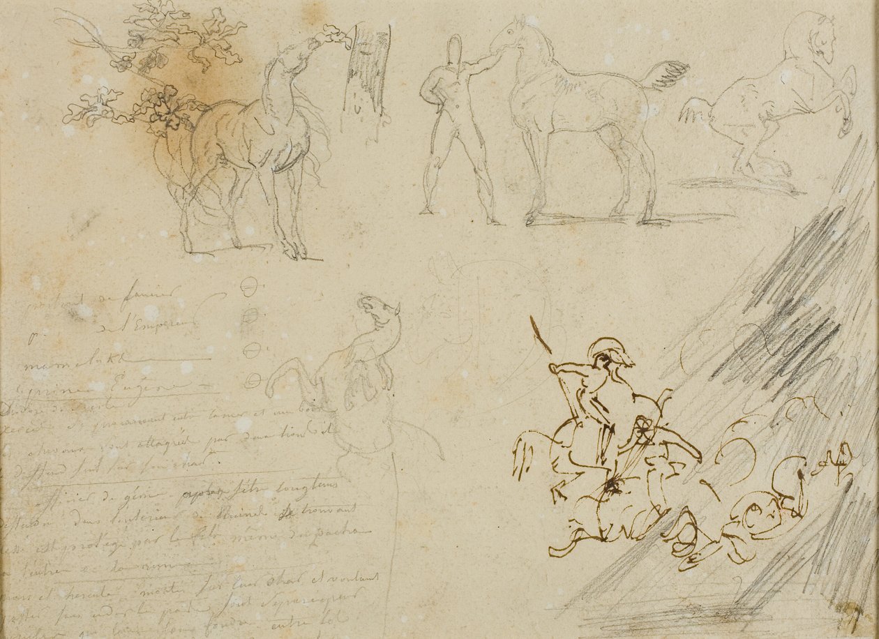 Skitser af heste, groom, der holder hest, et kavalerislag af Jean Louis André Théodore Géricault