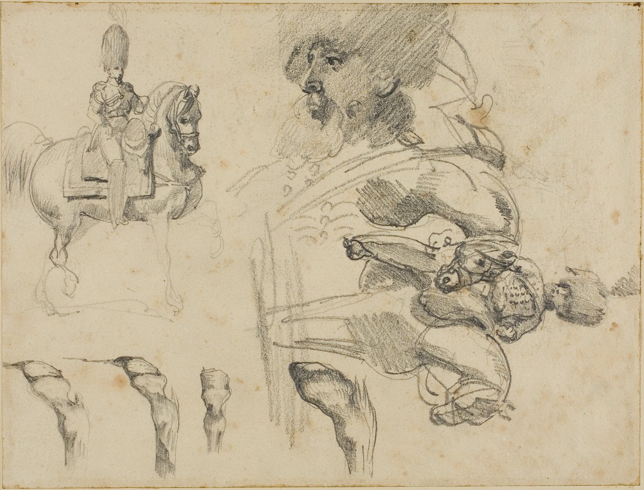 Skitser af heste, soldater og hove af Jean Louis André Théodore Géricault