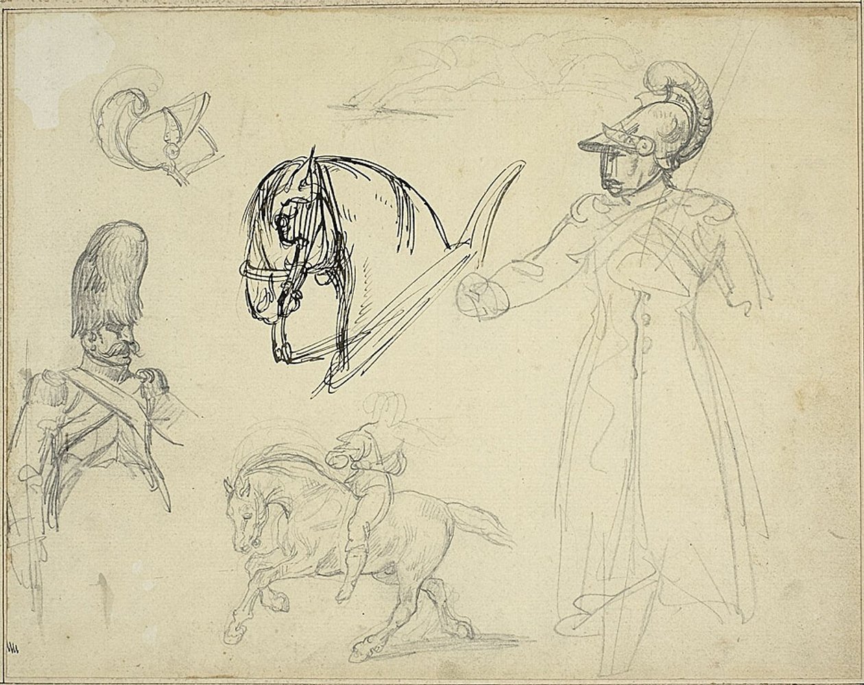 Skitser af heste og soldater af Jean Louis André Théodore Géricault