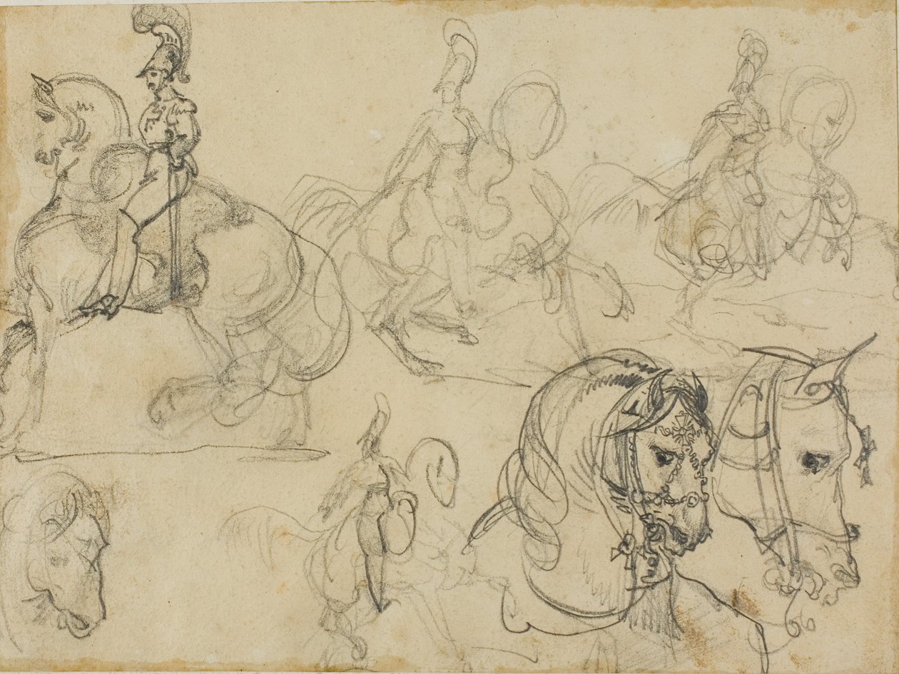 Skitser af ridende karabinere og hestehoveder af Jean Louis André Théodore Géricault
