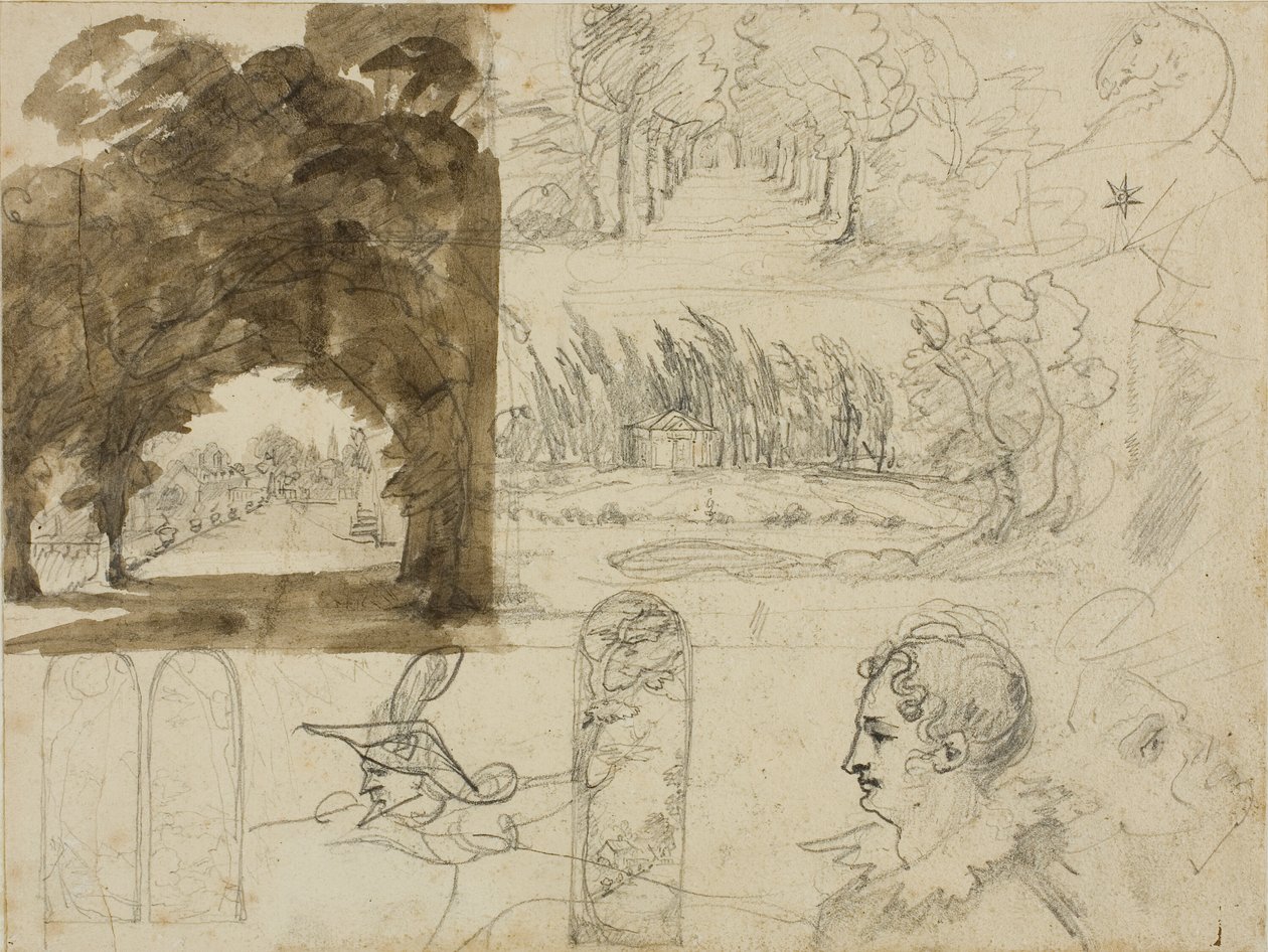 Skitser af parkudsigter, hoveder, en hest af Jean Louis André Théodore Géricault