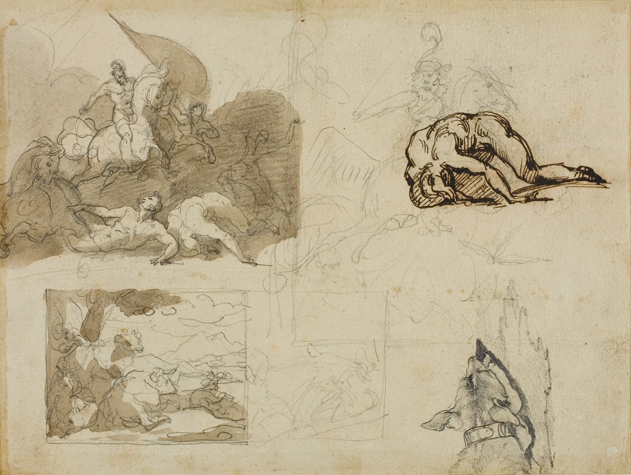 Skitser af et kavalerislag, et landskab med køer og andre kompositioner af Jean Louis André Théodore Géricault