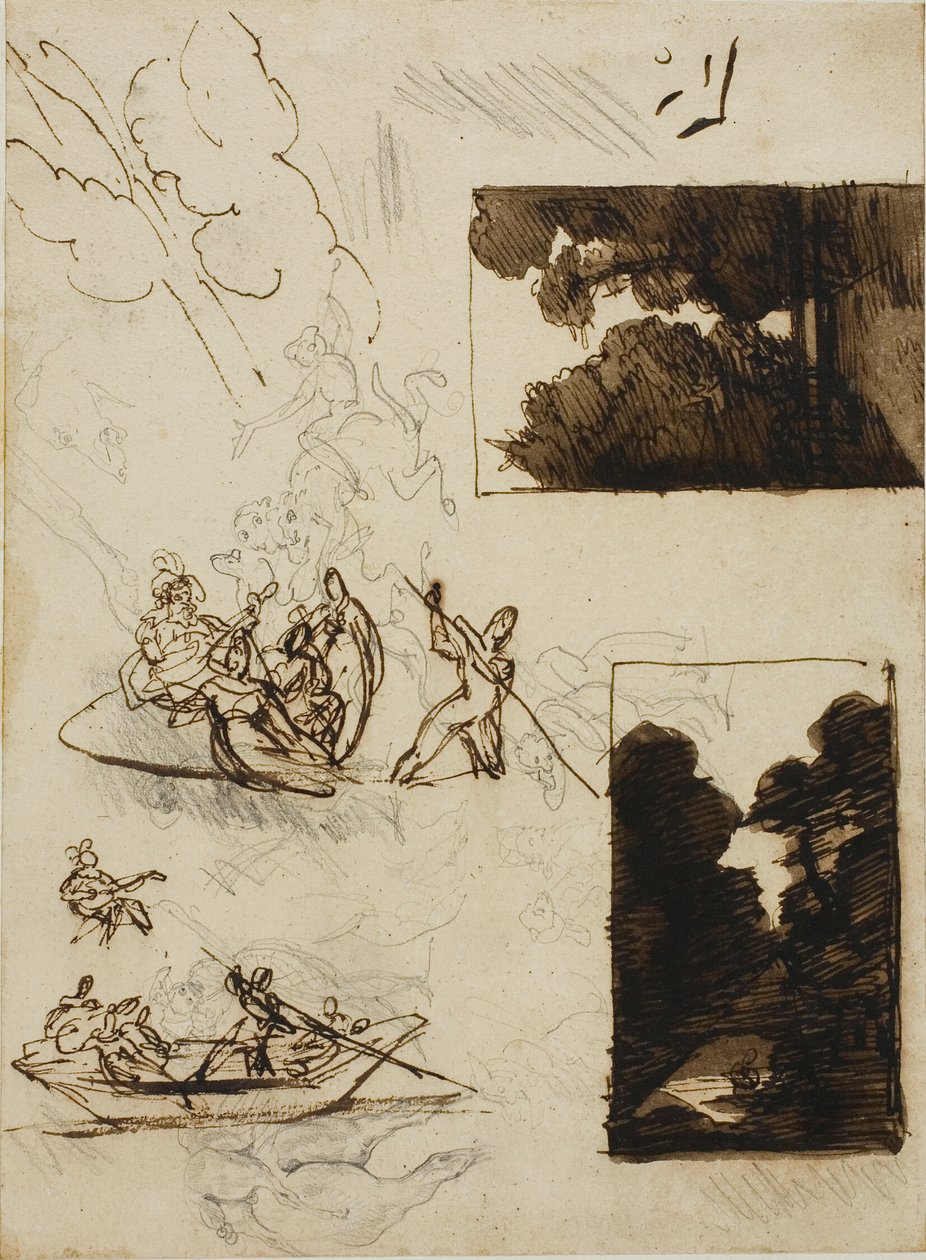 Skitser af en skovsti og en musikalsk bådfest af Jean Louis André Théodore Géricault