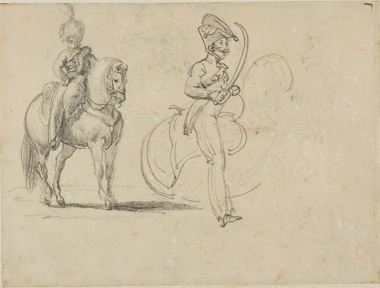 Skitser af en bereden chasseru og en kavaleriofficer med trukket sabel af Jean Louis André Théodore Géricault