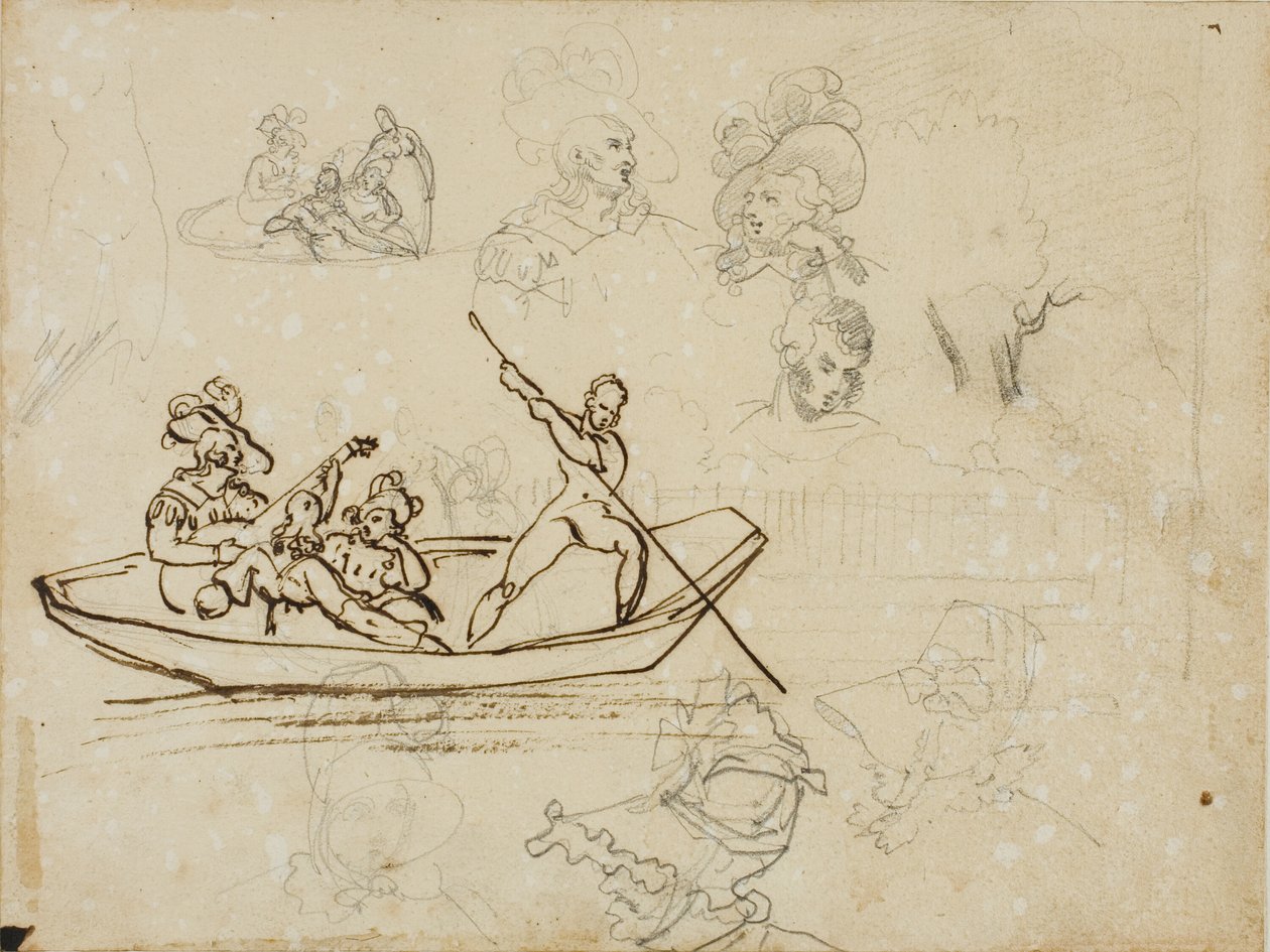 Skitser af en musikalsk bådfest og af en kvinde med høj hat af Jean Louis André Théodore Géricault