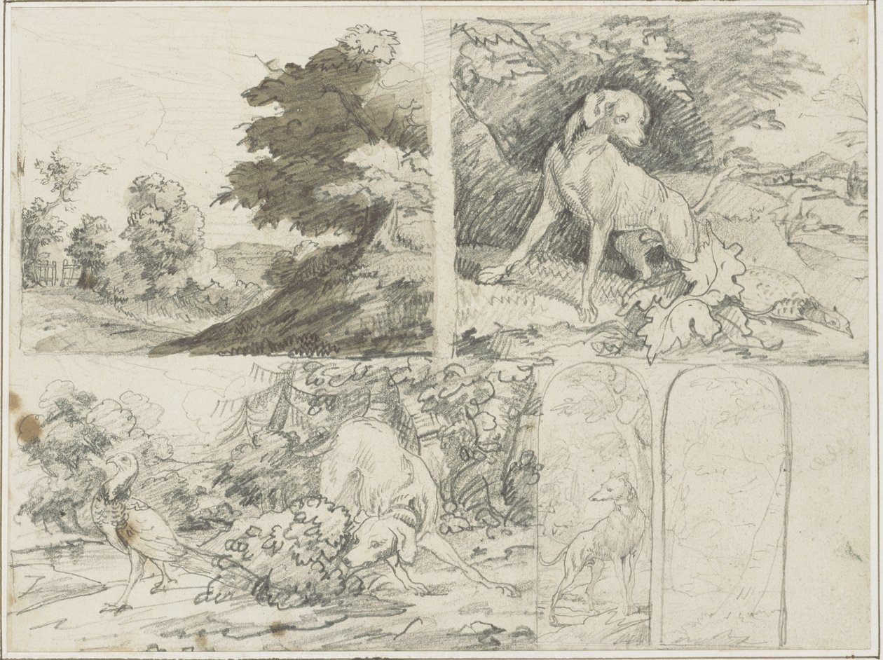 Skitser af et skovområde, hunde og fasaner i landskabet af Jean Louis André Théodore Géricault