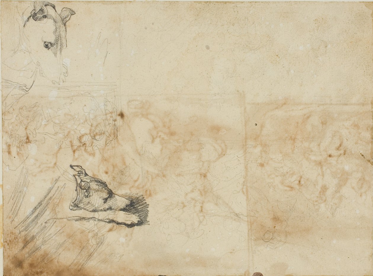 Skitser af en rytterkamp og hovedet af en greyhound af Jean Louis André Théodore Géricault